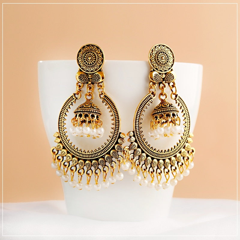 Antique Indian Women's White Beads Tassel Jhumka Earrings