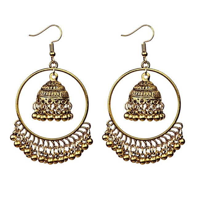 Antique Indian Women's White Beads Tassel Jhumka Earrings