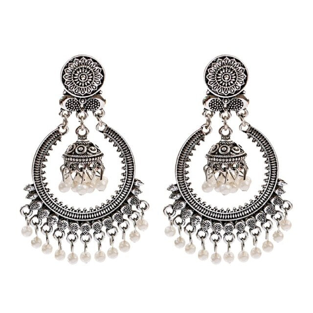 Antique Indian Women's White Beads Tassel Jhumka Earrings