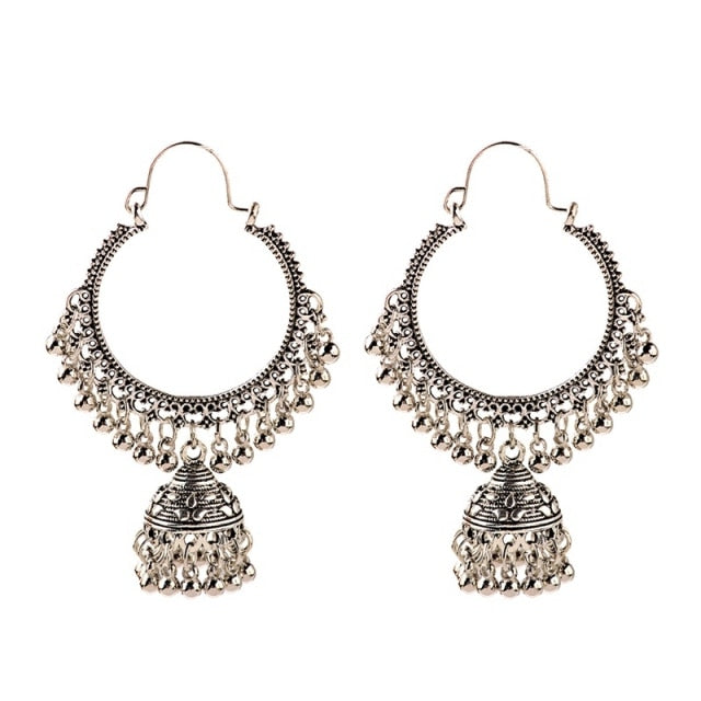 Ethnic Retro Big Round Turkish Bells Indian Jhumka Earrings Silver