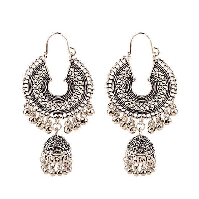 Ethnic Retro Big Round Turkish Bells Indian Jhumka Earrings Silver