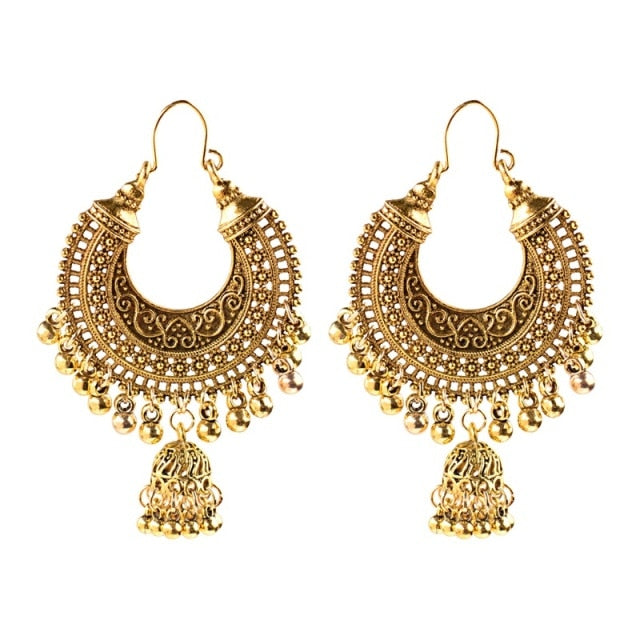 Ethnic Retro Big Round Turkish Bells Indian Jhumka Earrings Silver