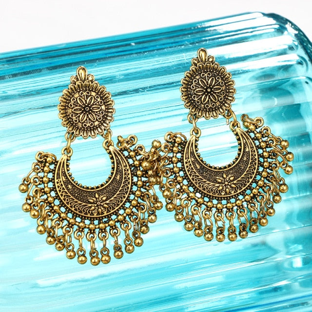 GTQ  Metal Tassel Jhumka Indian Ethnic Bollywood Dangle Earrings