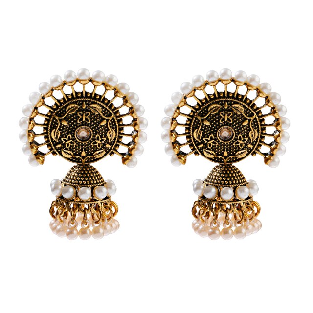 Antique Indian Women's White Beads Tassel Jhumka Earrings