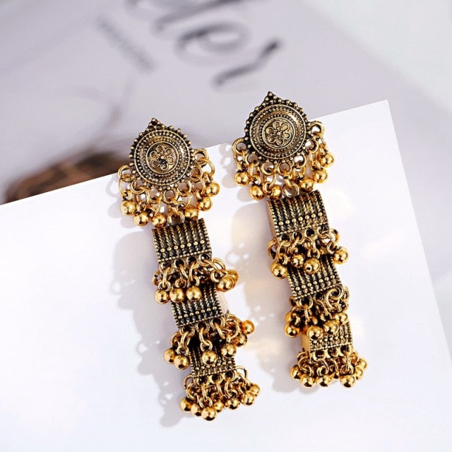 Women's Gold Carved Bells Earrings Bijoux Vintage Bohemia